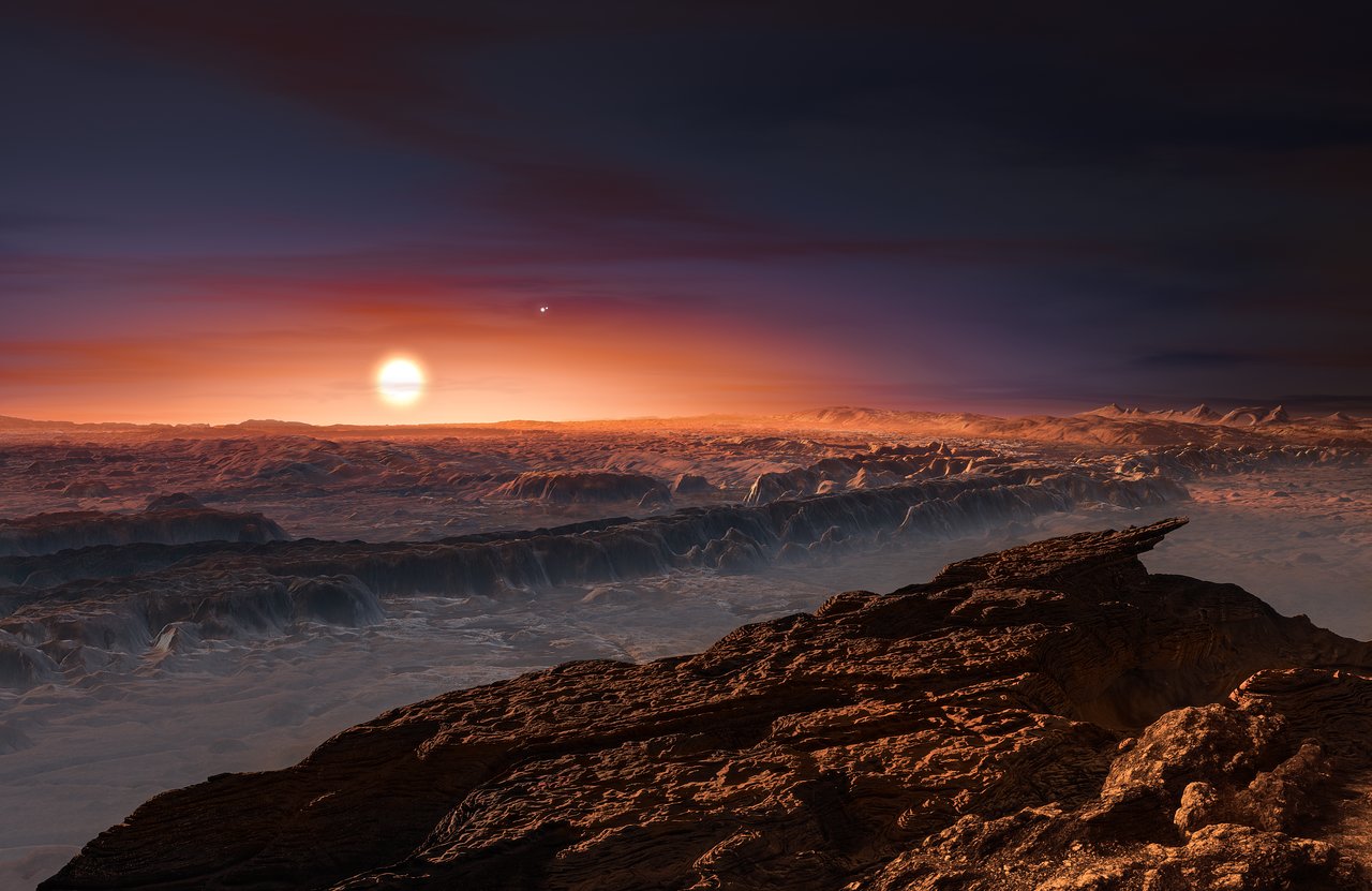 Impressão artística da estrela Proxima Centauri vista a parti do exoplaneta descoberto: Crédito: ESO/M. Kornmesser